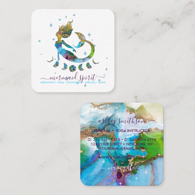 Mermaid moon spiritual tarot reading square business card (Front/Back)