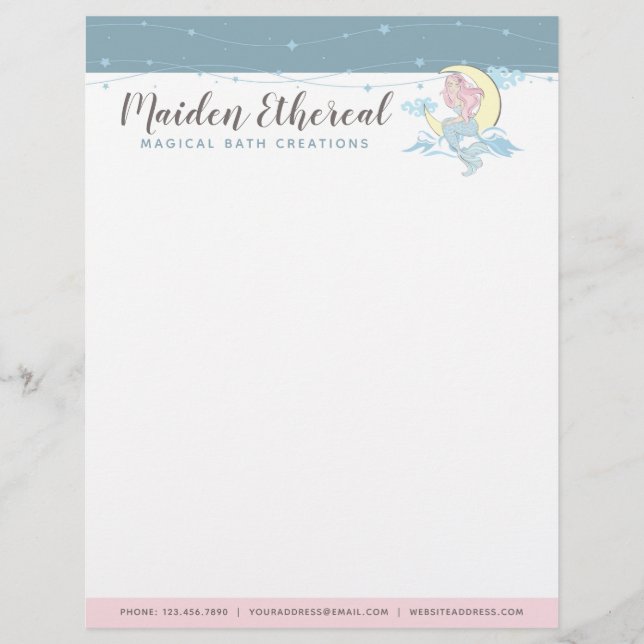 Mermaid Moon & Stars Mystical Pink Hair Sea Siren Letterhead (Front)