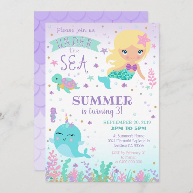 Mermaid Narwhal Invitation - Under the Sea (Front/Back)