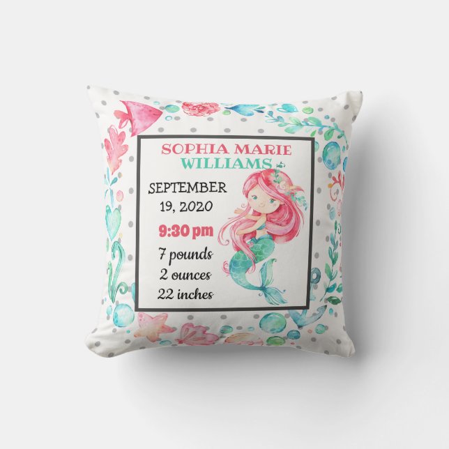 Mermaid Ocean Birth Stats Baby Announcement Girl Throw Pillow (Front)