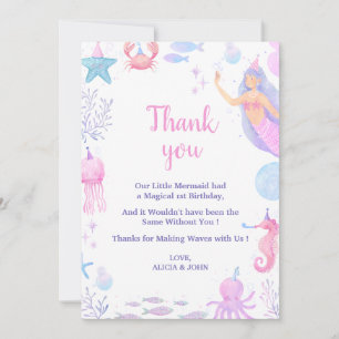 Mermaid Ocean Birthday Girl 1st Birthday Sea Life  Thank You Card