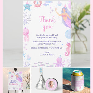 Mermaid Ocean Birthday Girl 1st Birthday Sea Life Thank You Card