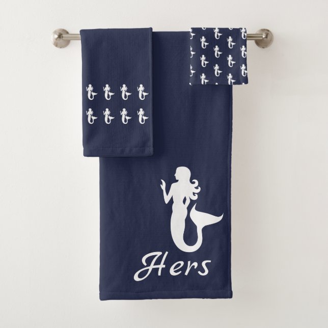 Mermaid Ocean Blue and White Hers Bath Towel Set (Insitu)