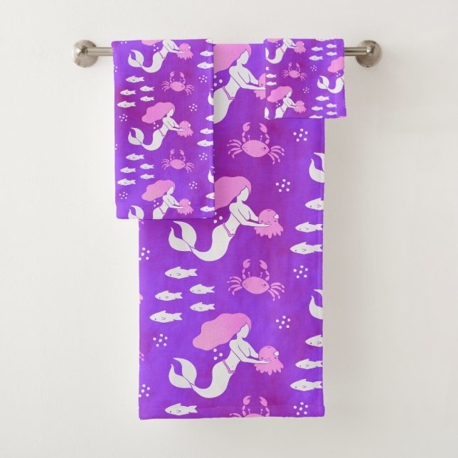 Mermaid Ocean Sea Pink Purple Pattern Bath Towel Set (Insitu)