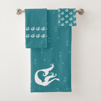 mermaid ocean teal blue and white bath towel set