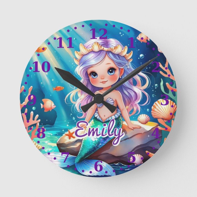 Mermaid Ocean Wall Clock – Editable Name (Front)