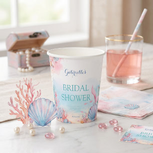 Mermaid Ocean Watercolor Dreamy Pink Bridal Shower Paper Cups