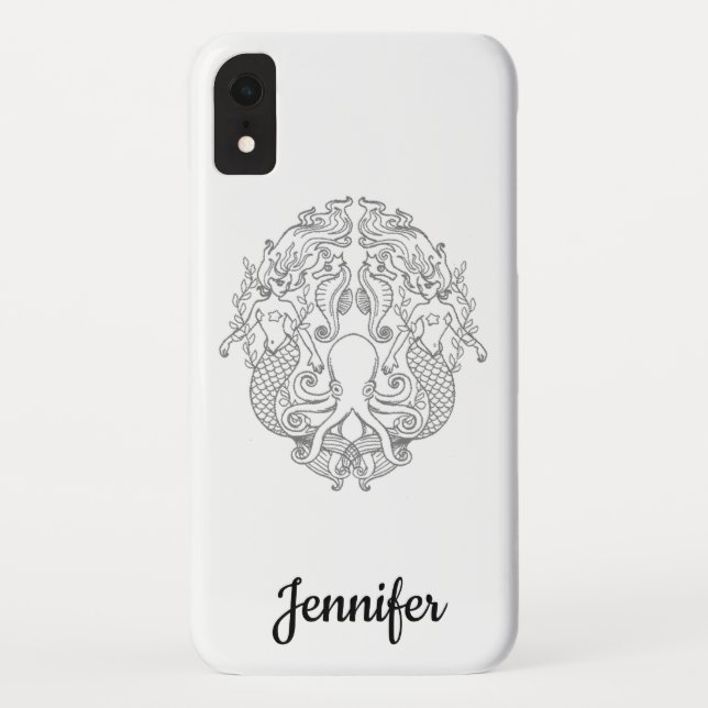 Mermaid Octopus Black White Custom Name Case-Mate iPhone Case (Back)