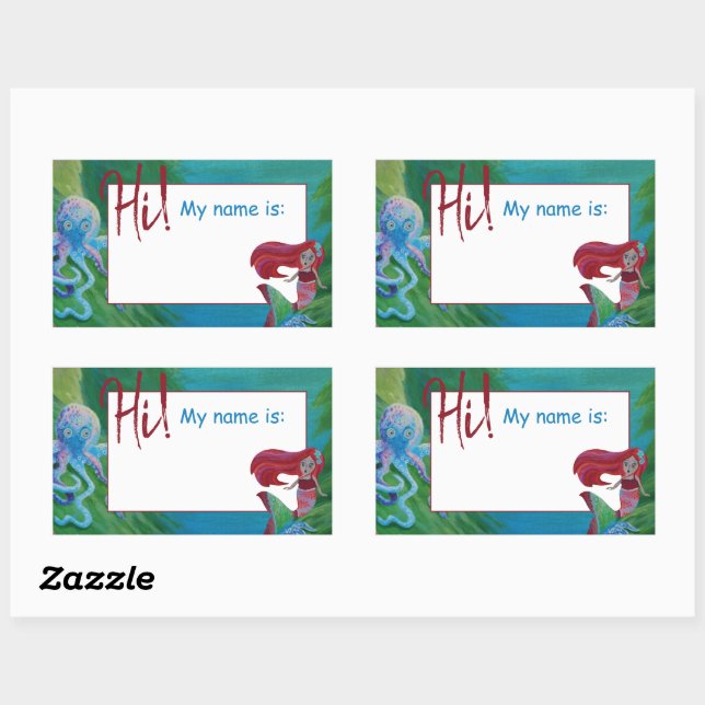 Mermaid Octopus, Blue Aqua Red Green Name Tag (Sheet)