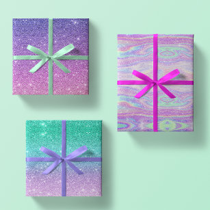 Mermaid Ombre + Iridescent Rainbow Glitter Gift Wrapping Paper Sheet