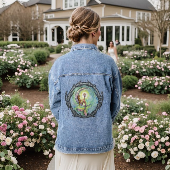Mermaid on a Moon Fantasy Art Denim Jacket (Wedding Back)