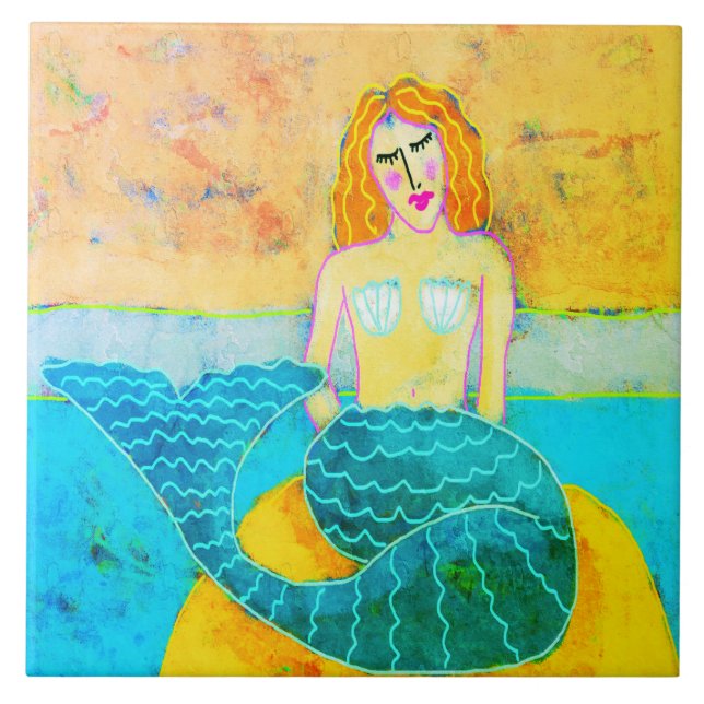 Mermaid on a Rock Abstract Art Tile (Front)
