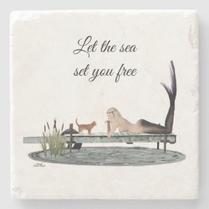 Mermaid On Boat Dock Stone Coaster