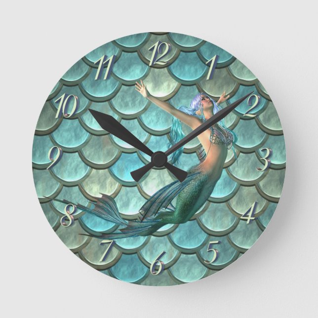 Mermaid On Mermaid Tail Scales Round Clock (Front)