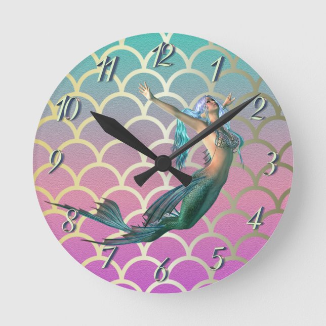 Mermaid On Ombre Mermaid Tail Scales Round Clock (Front)