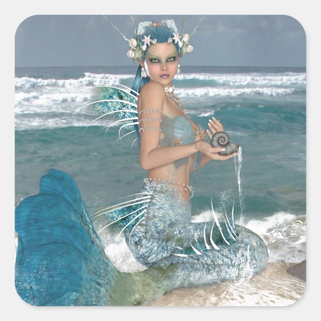Mermaid on Rock Square Sticker (Front)