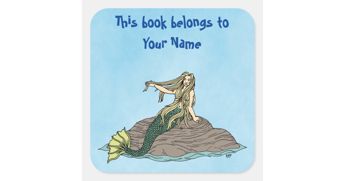 Mermaid on Rocks Bookplate Square Sticker | Zazzle