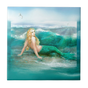Mermaid on Shore with Aqua Waves and Seagulls Tile