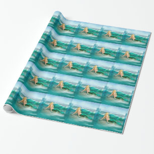 Mermaid on Shore with Aqua Waves and Seagulls Wrapping Paper