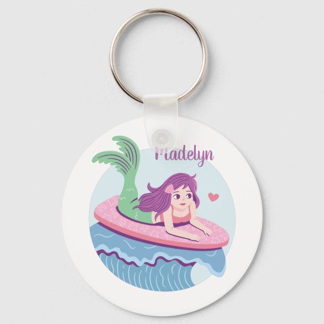 Mermaid On Surfboard Ride The Waves Personalized Keychain (Front)