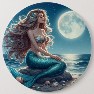 Mermaid on the beach at night 6 inch round button