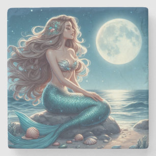 Mermaid on the beach at night stone coaster