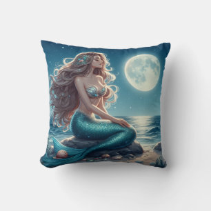 Mermaid on the beach at night throw pillow