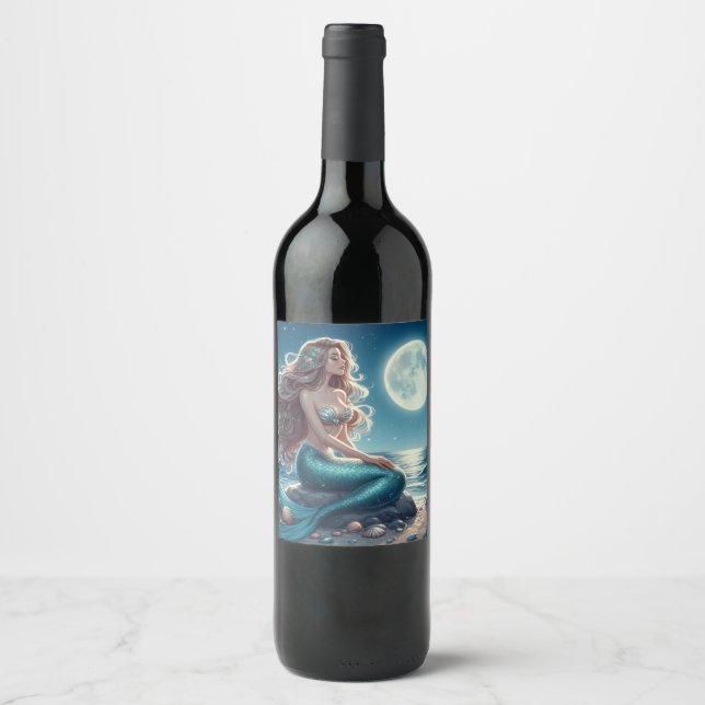 Mermaid on the beach at night wine label (Front)