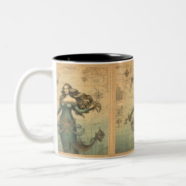 Mermaid On Vintage Map Two-Tone Coffee Mug (Left)