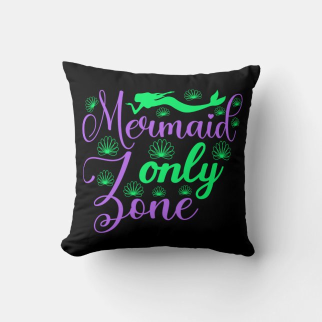 Mermaid Only Zone in Neon Green and Purple Throw Pillow (Front)
