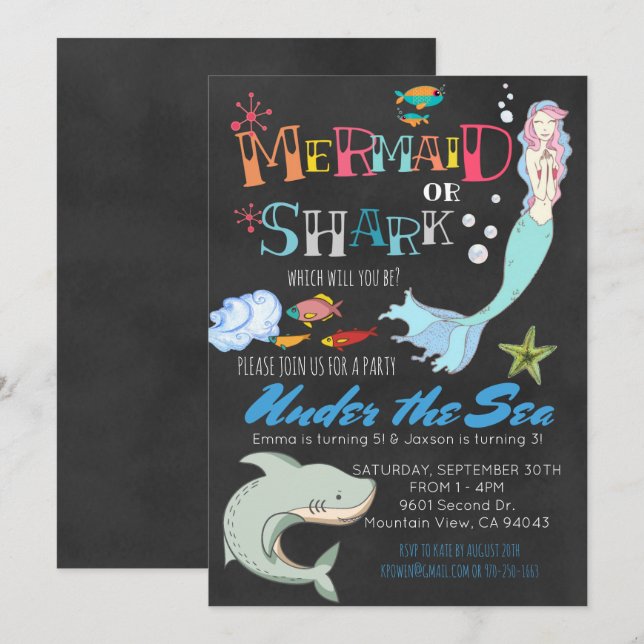 Mermaid or Shark Co-Ed Joint Birthday Invitation (Front/Back)