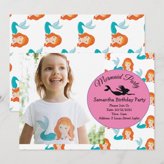 Mermaid Orange Anniversaire Fête Invitation (Devant / Derrière)