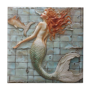 Mermaid Orange Hair Mosaic 3D Effect Tile