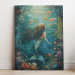 Mermaid Painting Art Canvas Print<br><div class="desc">Cute and magical mermaid painting features a cute mermaid swimming under the water with cute orange fish. Original art by Nicole.</div>