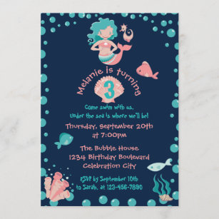 Mermaid Party   Girl's 3rd Birthday Party Invitation