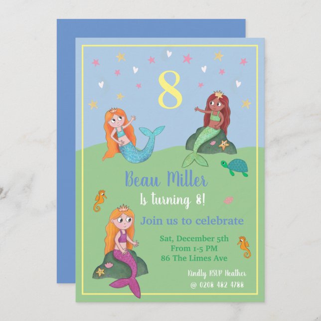 Mermaid party Invitation customisable (Front/Back)