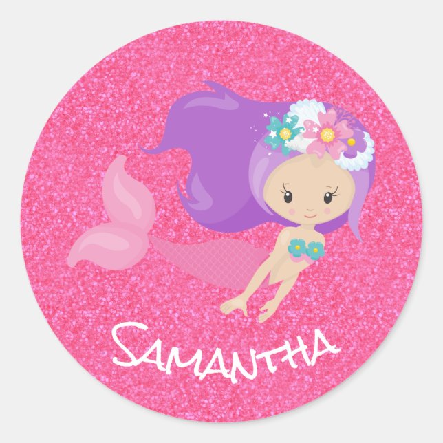 Mermaid Party Pink Glitter  Classic Round Sticker (Front)