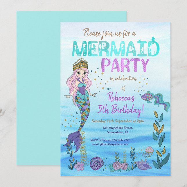 Mermaid Party Purple Teal Glitter Birthday Invitation