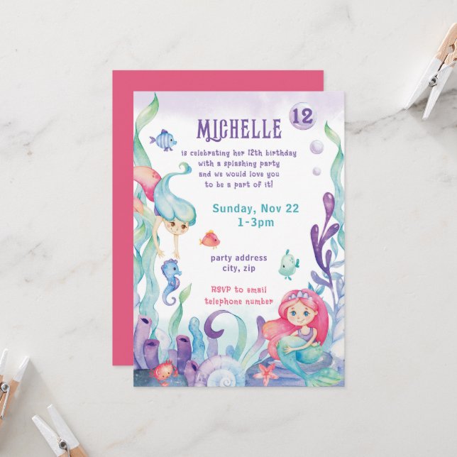 Mermaid Pastel Aquarelle Anniversaire Invitation (Devant/Arrière en situation)