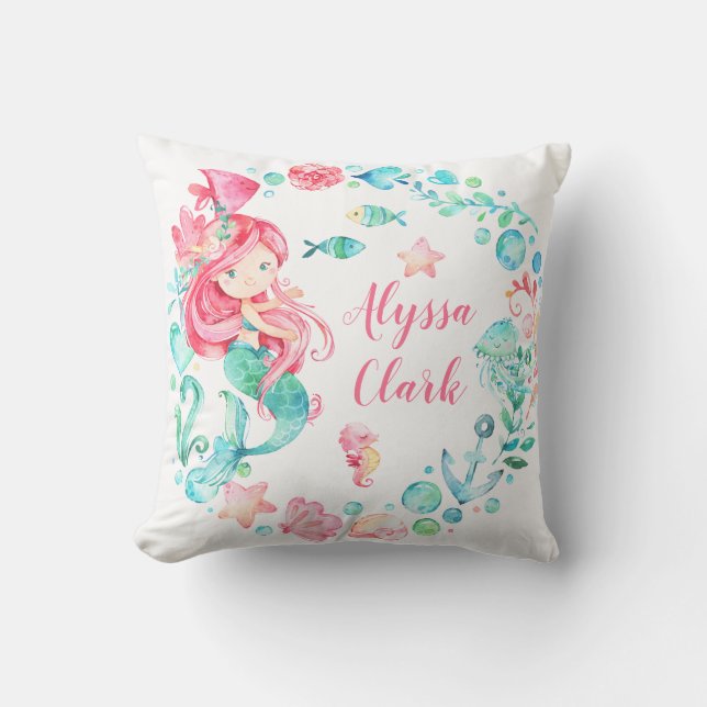 Mermaid Pastel Ocean Baby Girl Nursery Throw Pillow (Front)