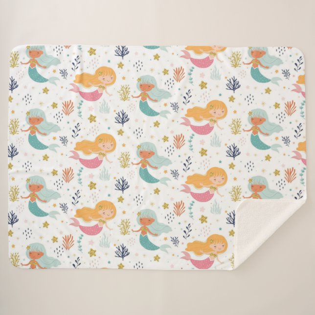 Mermaid Pattern Sherpa Blanket (Front (Horizontal))