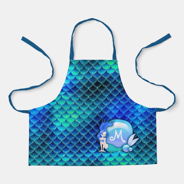 Mermaid Pearls and Scales Blue ID600 Apron (Front)