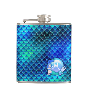 Mermaid Pearls and Scales Monogram  Blue ID600 Hip Flask