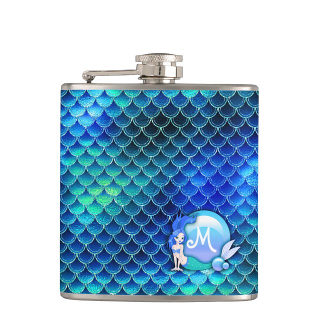 Mermaid Pearls and Scales Monogram  Blue ID600 Hip Flask (Front)