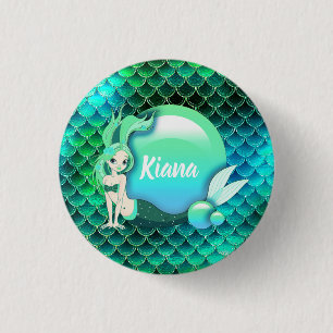 Mermaid Pearls and Scales Monogram Green ID600 1 Inch Round Button