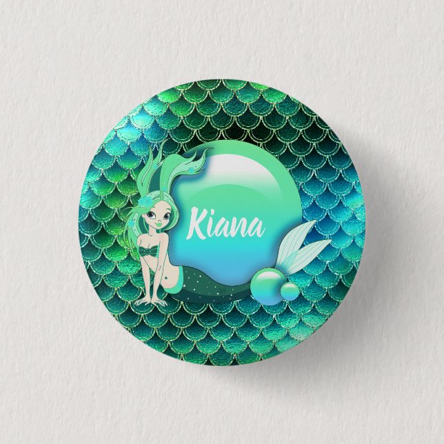 Mermaid Pearls and Scales Monogram Green ID600 1 Inch Round Button (Front)