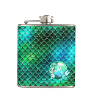 Mermaid Pearls and Scales Monogram Green ID600 Hip Flask