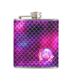 Mermaid Pearls and Scales Monogram Pink ID600 Hip Flask