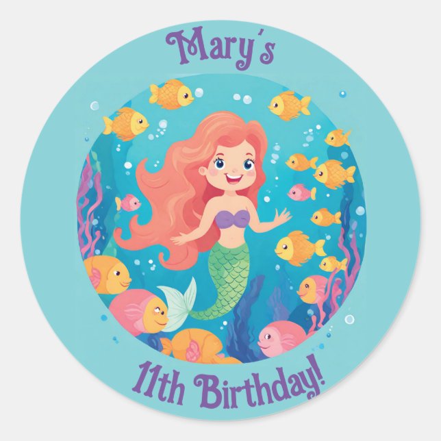 Mermaid Personalized Birthday Party Stickers (Front)