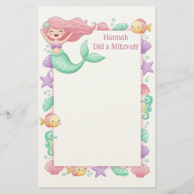 Mermaid Personalized Mitzvah Note Stationery (Front)
